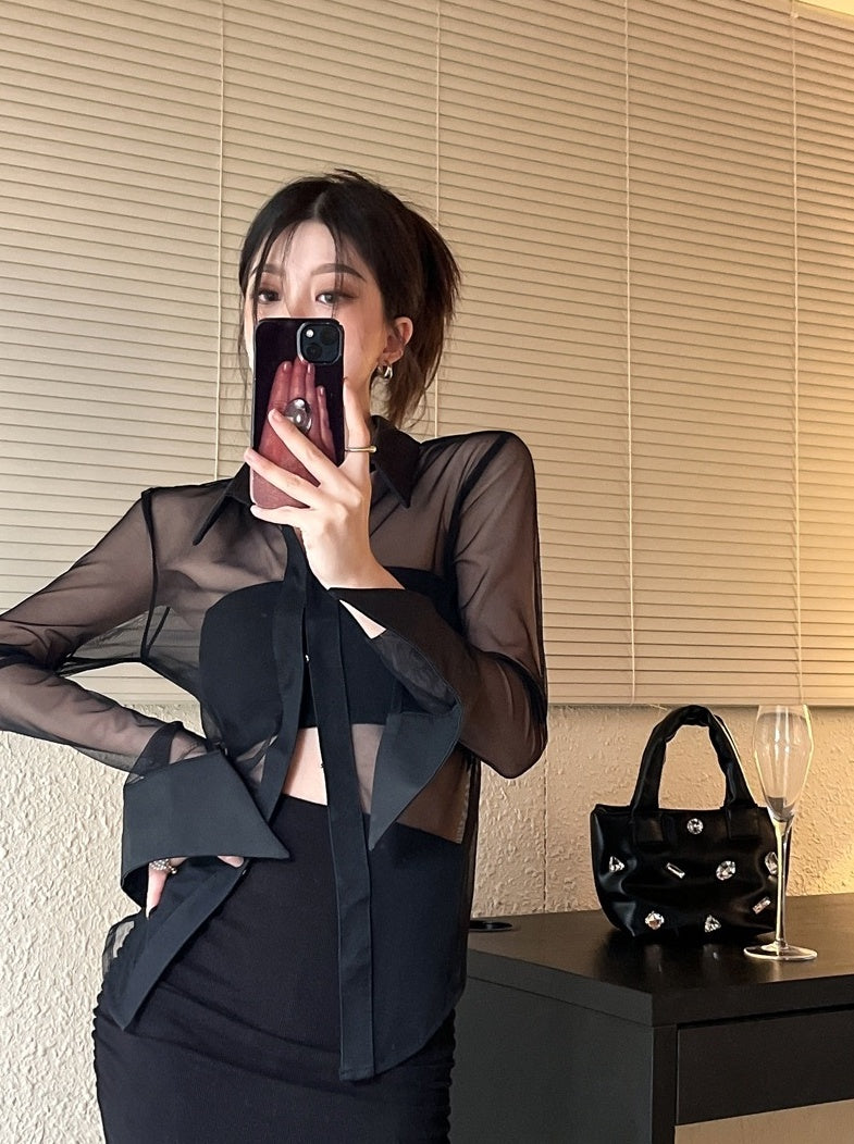 Black Collared Sheer Shirt