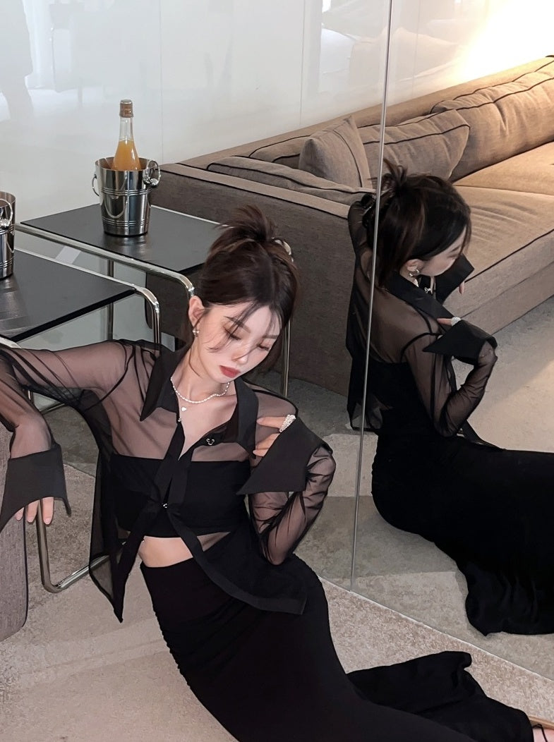 Black Collared Sheer Shirt