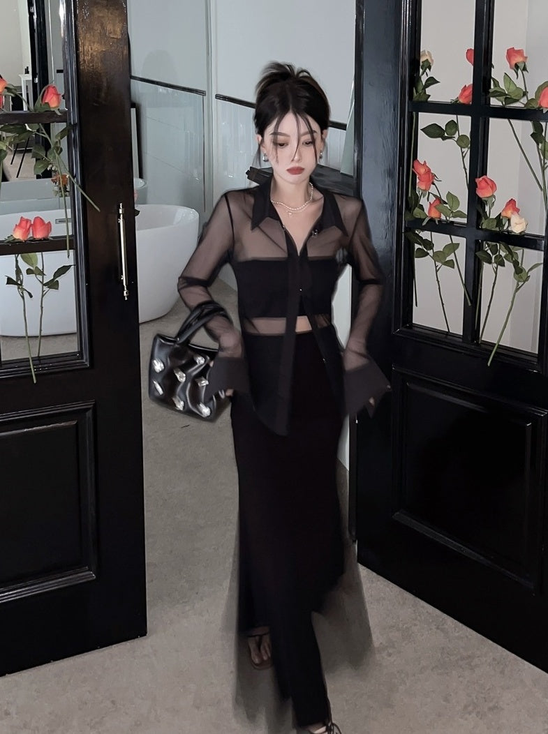 Black Collared Sheer Shirt