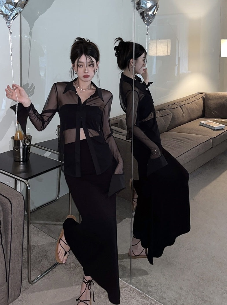 Black Collared Sheer Shirt