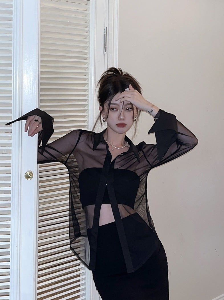 Black Collared Sheer Shirt