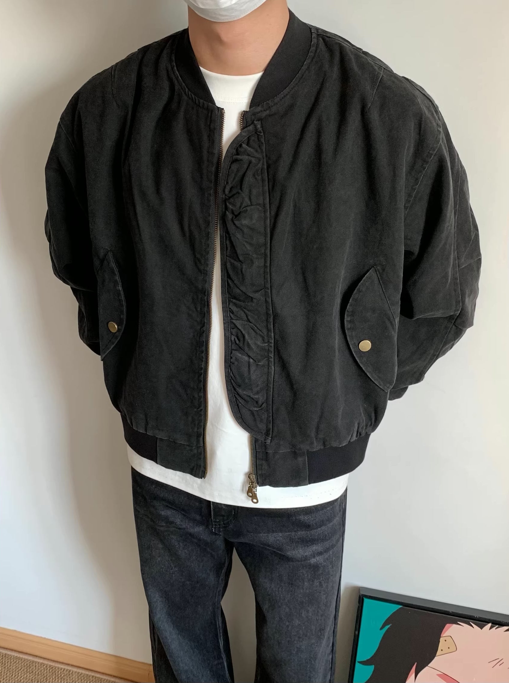 Black Collarless Utility Jacket