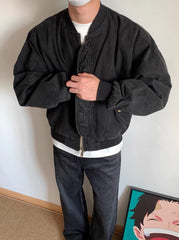 Black Collarless Utility Jacket