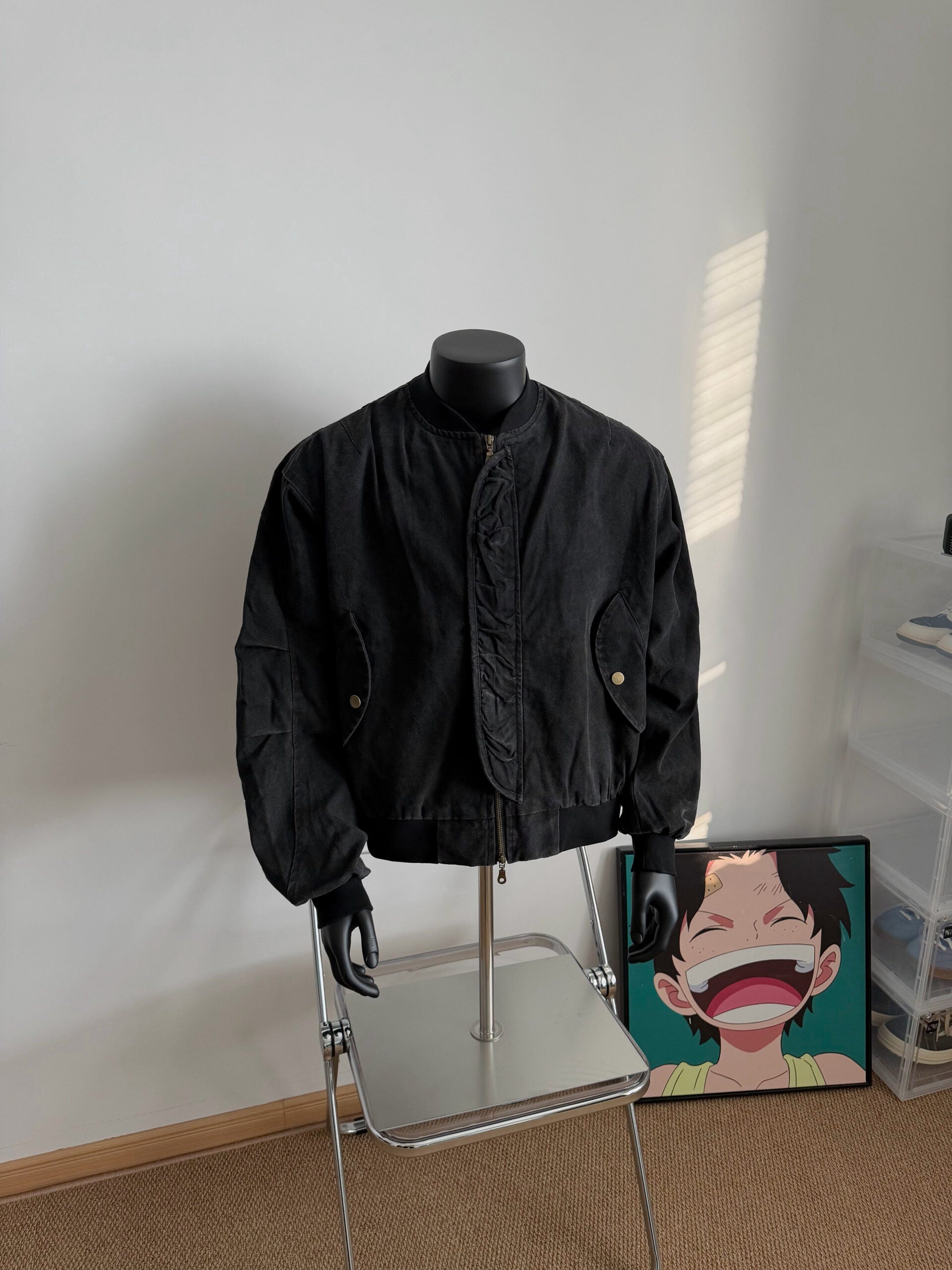 Black Collarless Utility Jacket