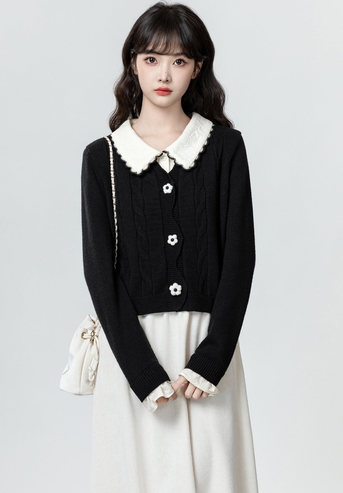 Black Contrast Collar Knit Cardigan Sweater