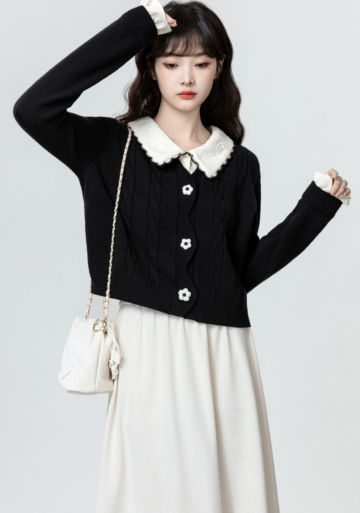 Black Contrast Collar Knit Cardigan Sweater