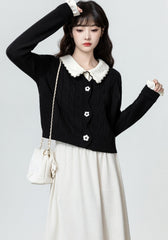 Black Contrast Collar Knit Cardigan Sweater