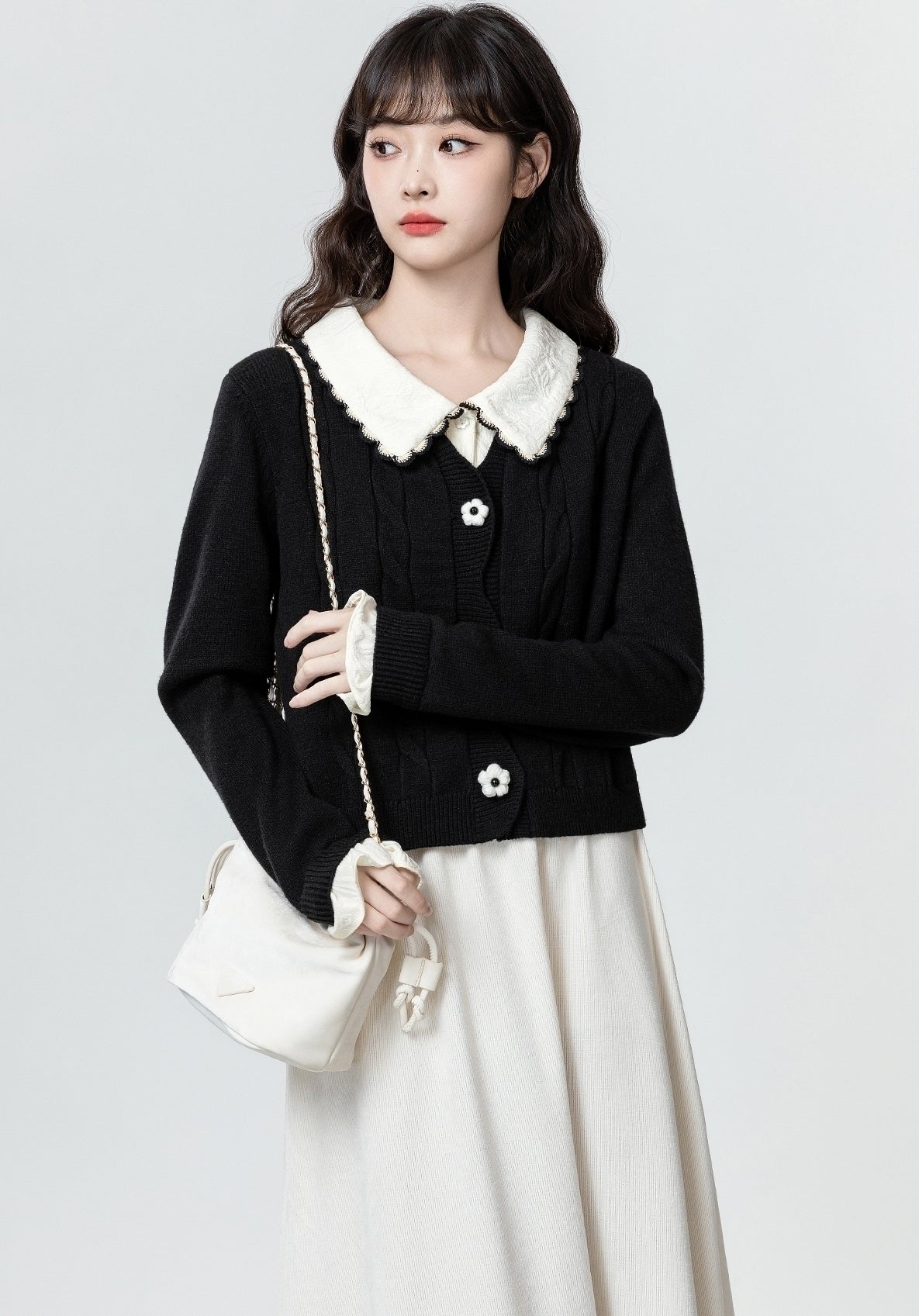 Black Contrast Collar Knit Cardigan Sweater