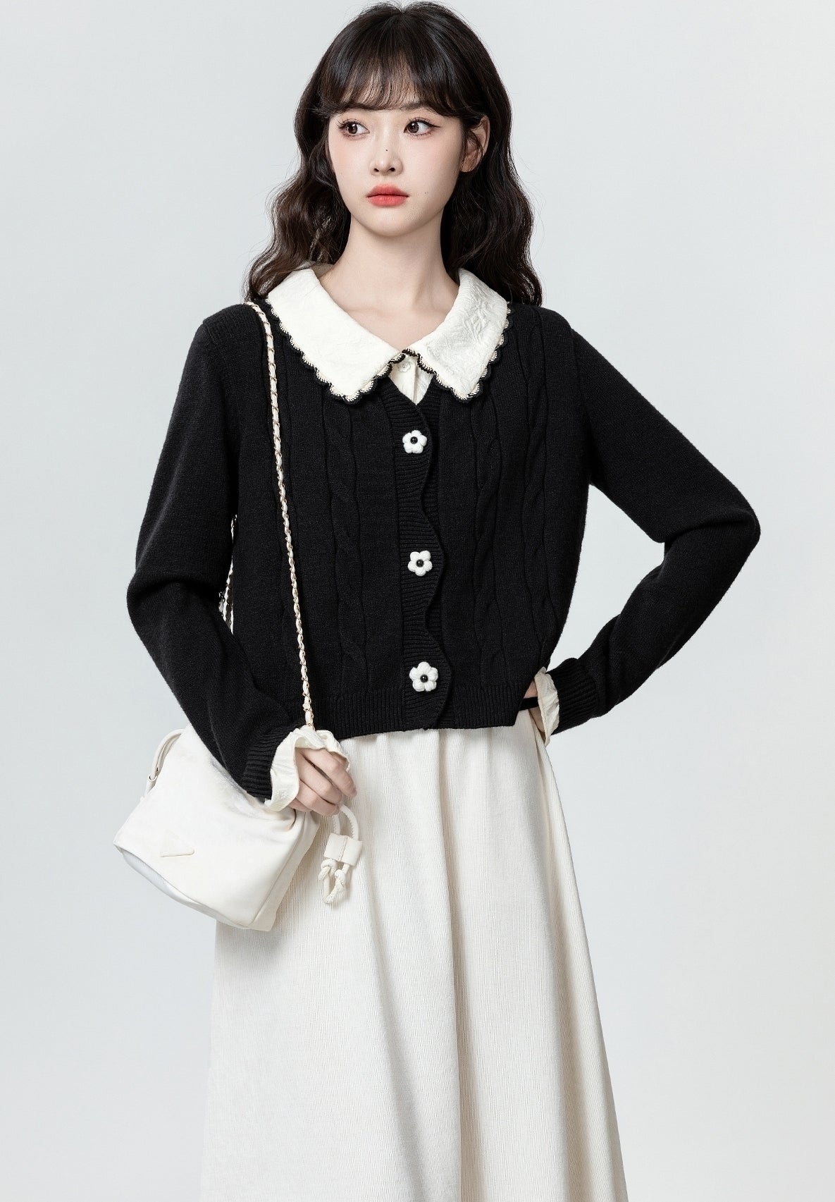 Black Contrast Collar Knit Cardigan Sweater