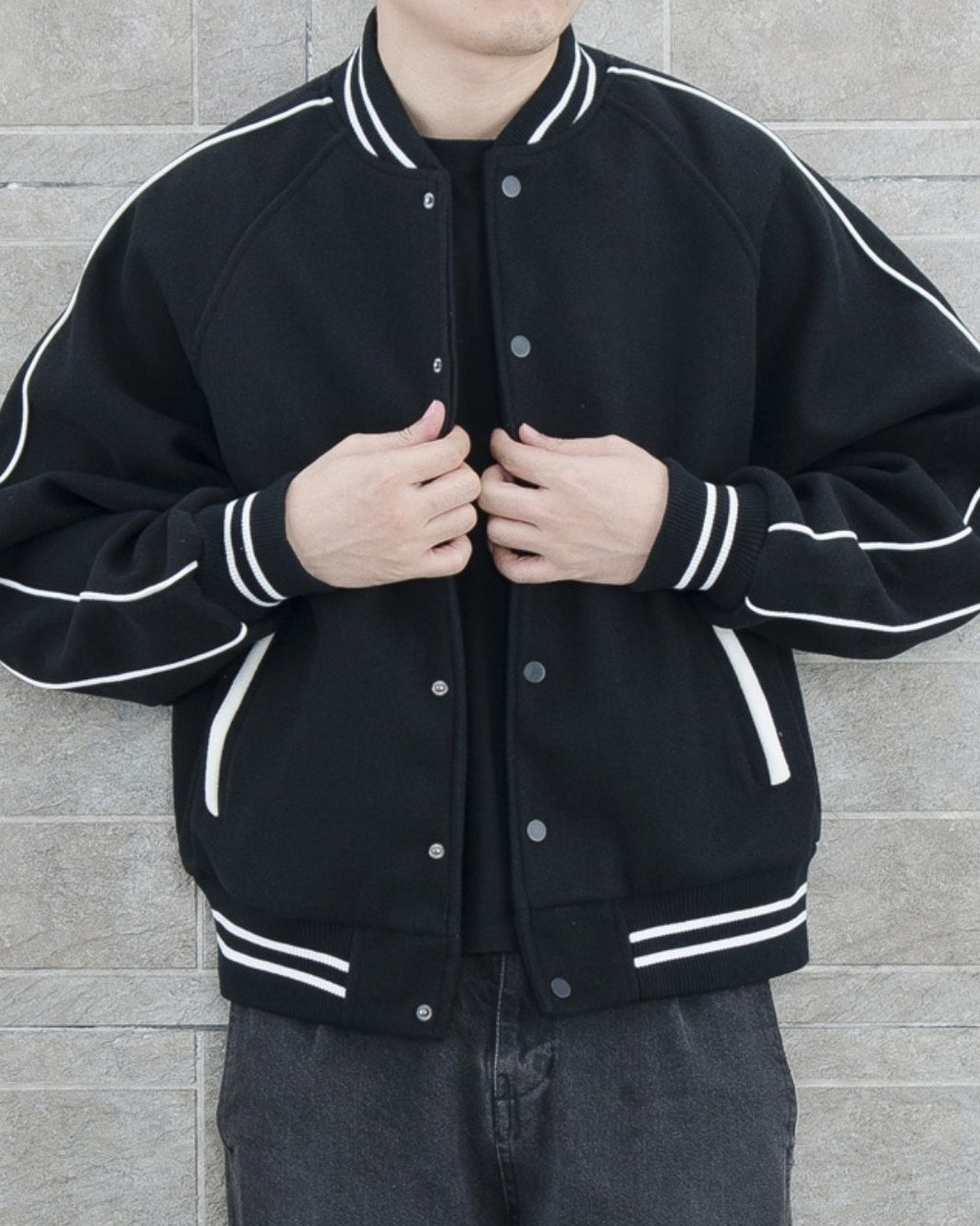 Black Contrast Stripe Bomber Jacket