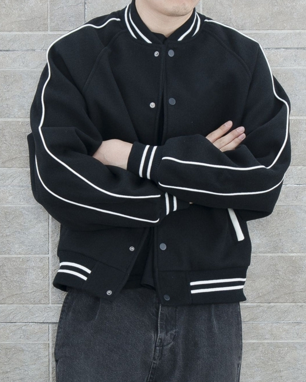 Black Contrast Stripe Bomber Jacket