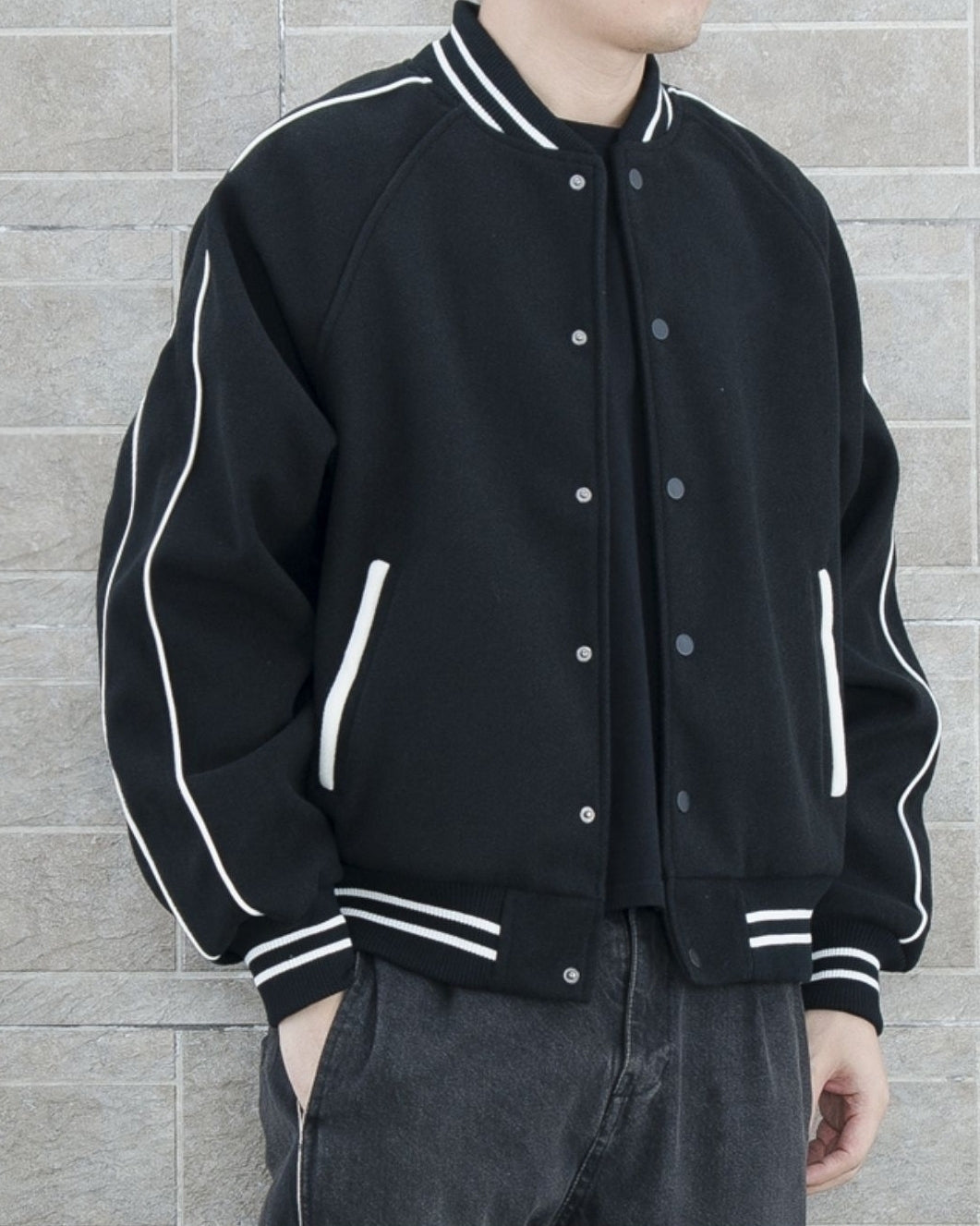 Black Contrast Stripe Bomber Jacket