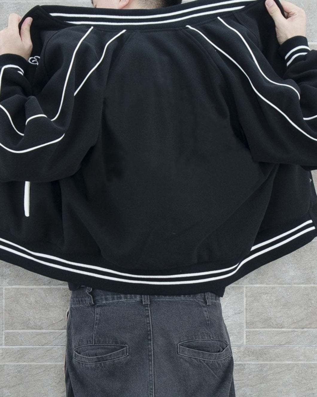 Black Contrast Stripe Bomber Jacket