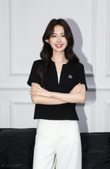 Black Contrast Vneck Short Sleeve Top
