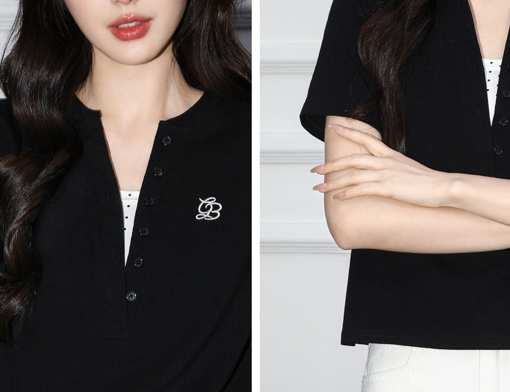 Black Contrast Vneck Short Sleeve Top