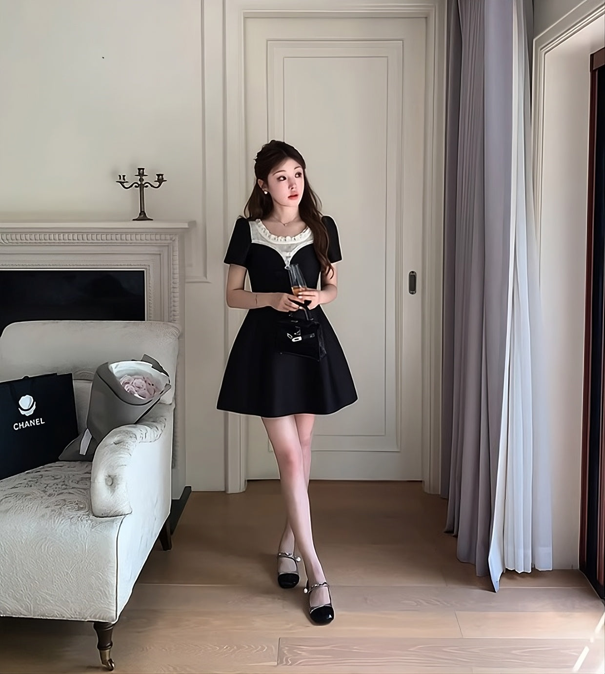 Black Contrasting Puff Sleeves Lace Dress