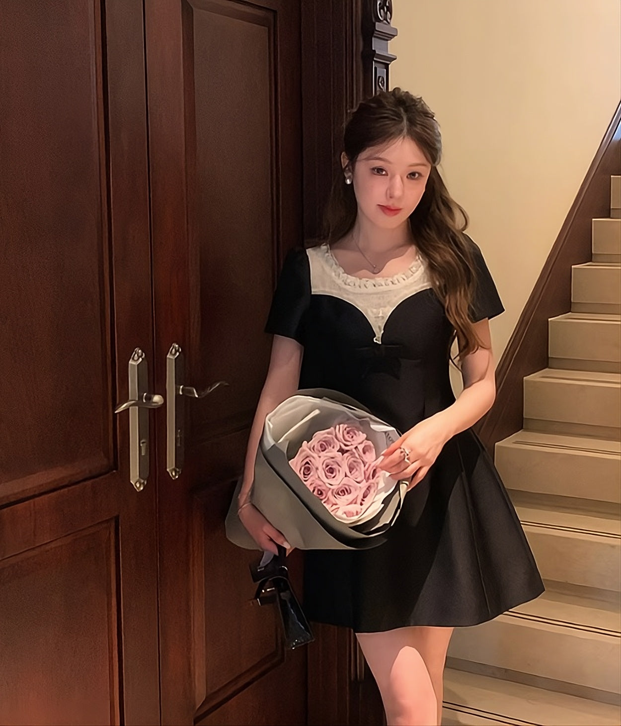 Black Contrasting Puff Sleeves Lace Dress