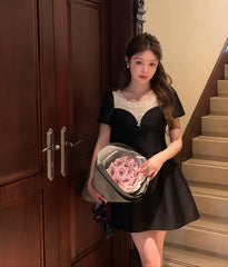 Black Contrasting Puff Sleeves Lace Dress