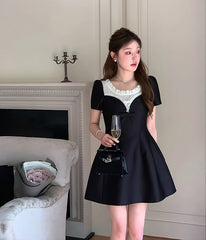 Black Contrasting Puff Sleeves Lace Dress