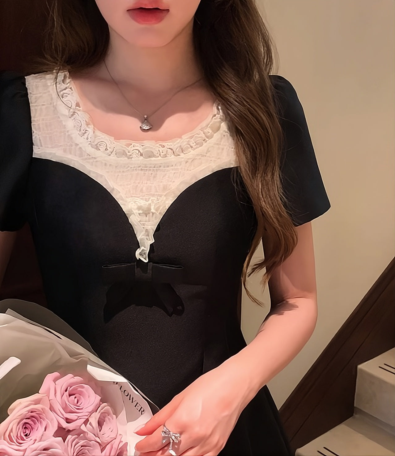 Black Contrasting Puff Sleeves Lace Dress