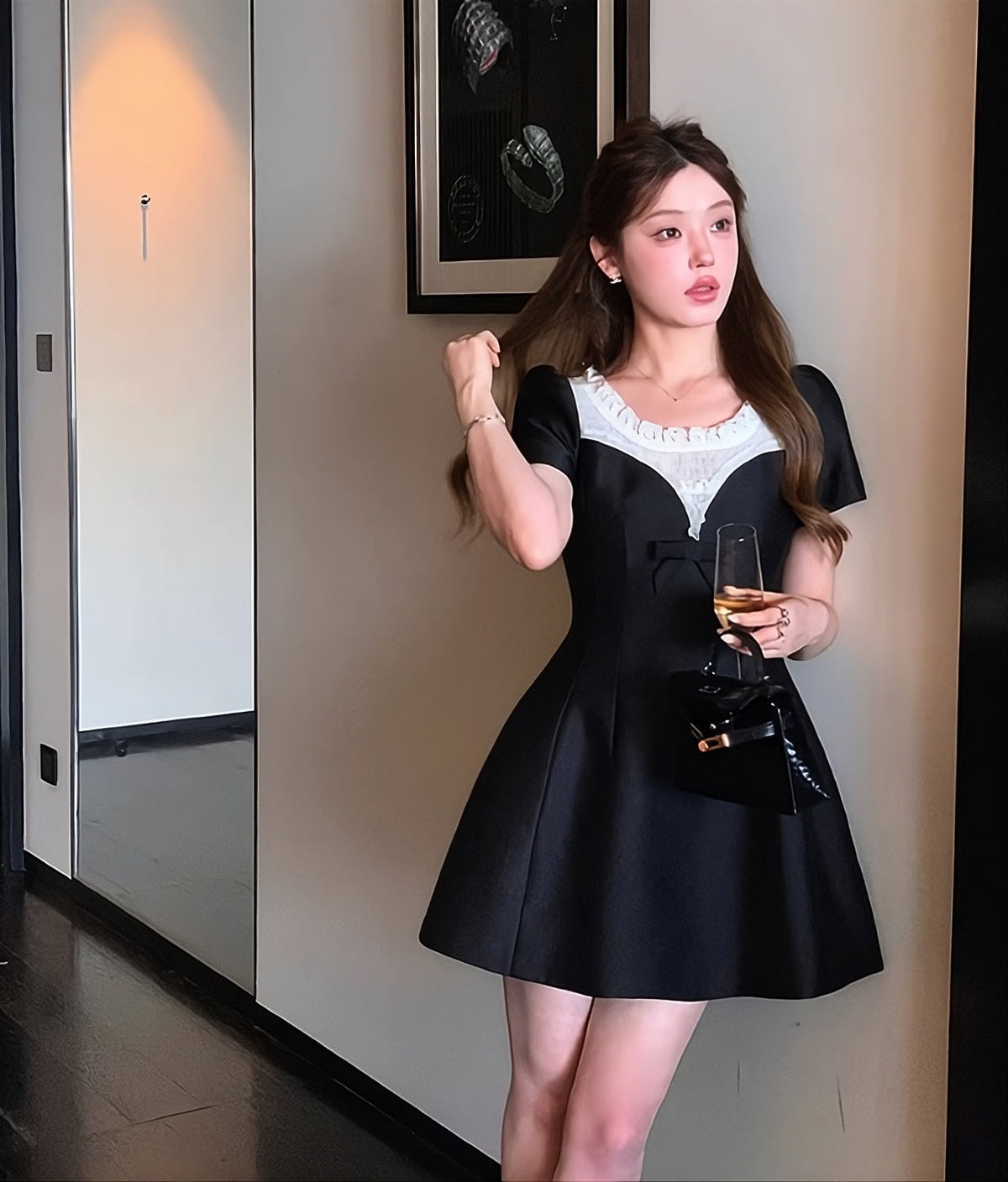 Black Contrasting Puff Sleeves Lace Dress