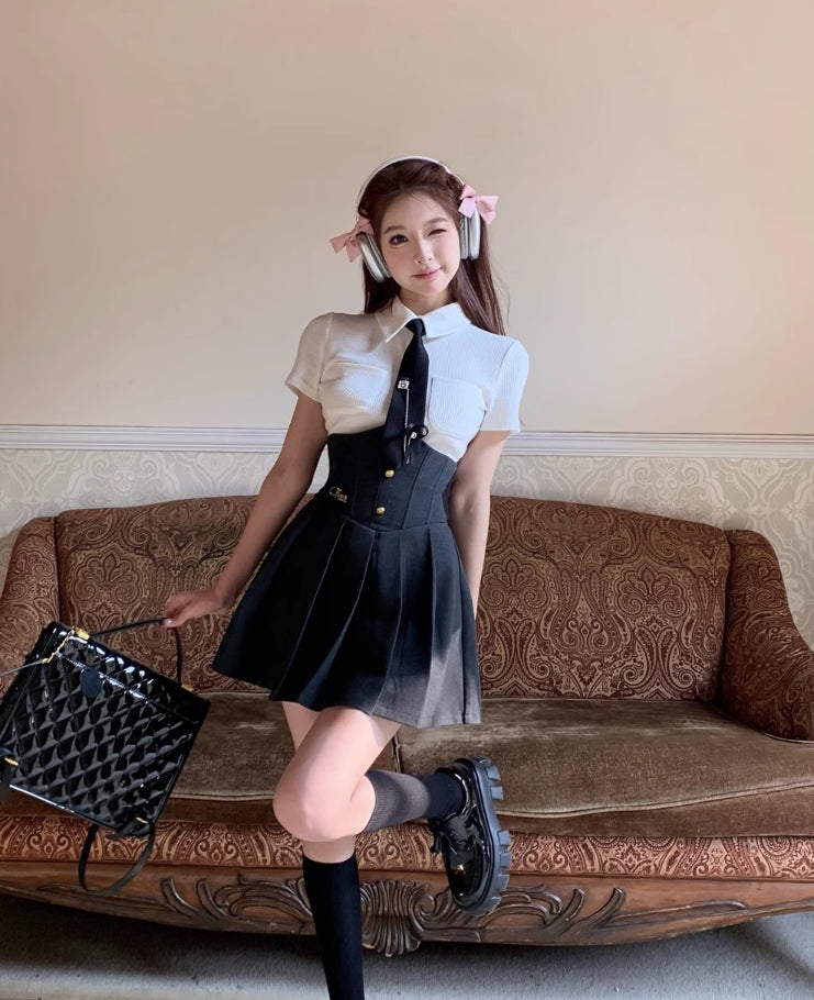 Black Corset Style Pleated Skirt