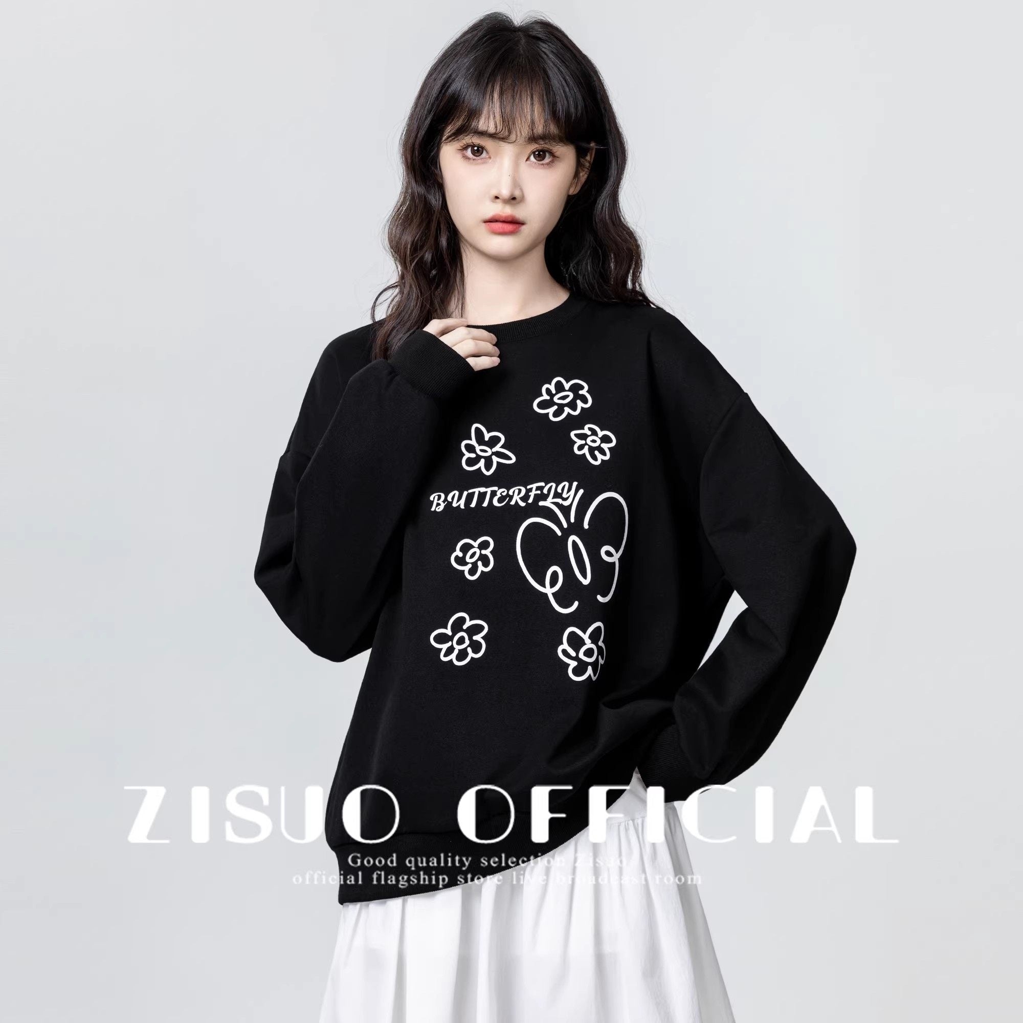 Black Crewneck Cartoon Print Pullover Sweatshirt