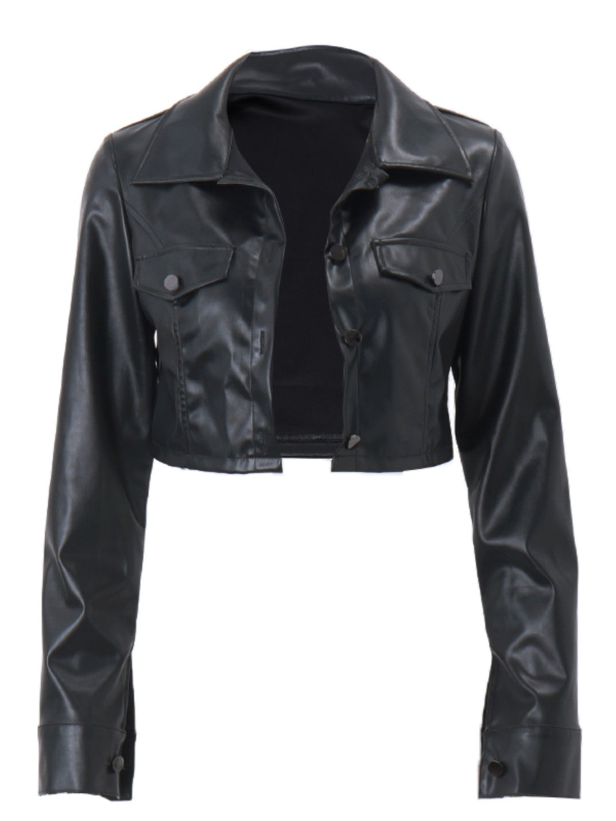 Black Button-Down Cropped Faux Leather Jacket