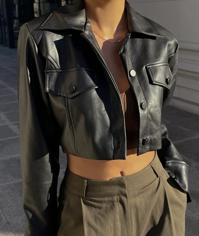 Black Button-Down Cropped Faux Leather Jacket