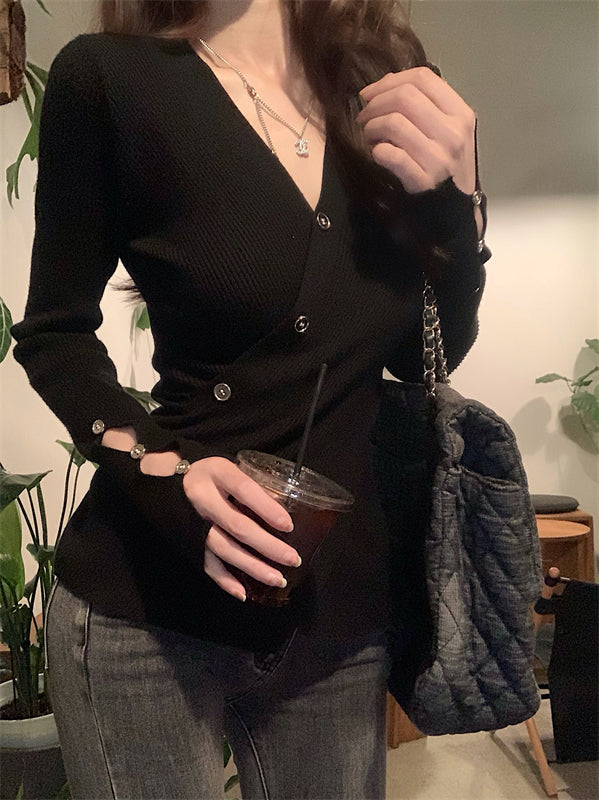 Black Cross Wrap Buttoned Cardigan
