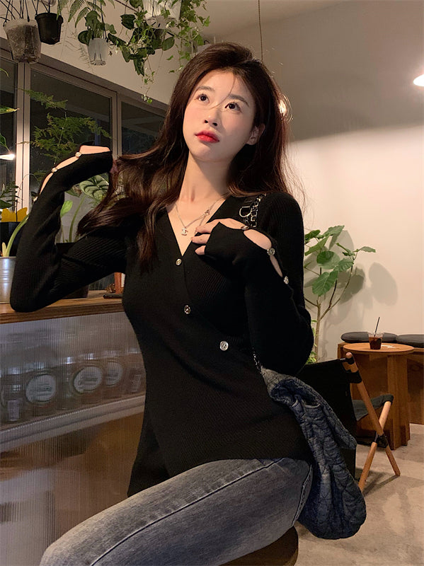 Black Cross Wrap Buttoned Cardigan