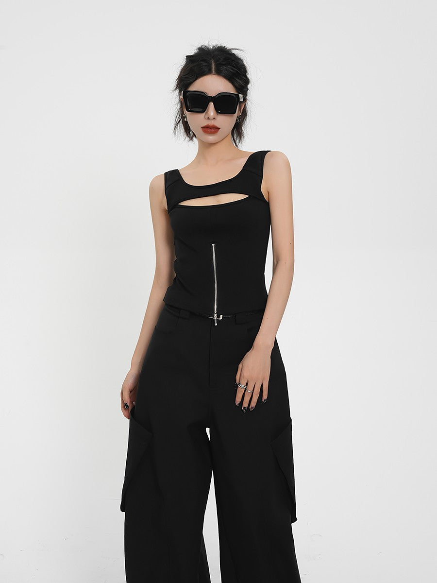 Black Cut-Out Zipper Tank Top