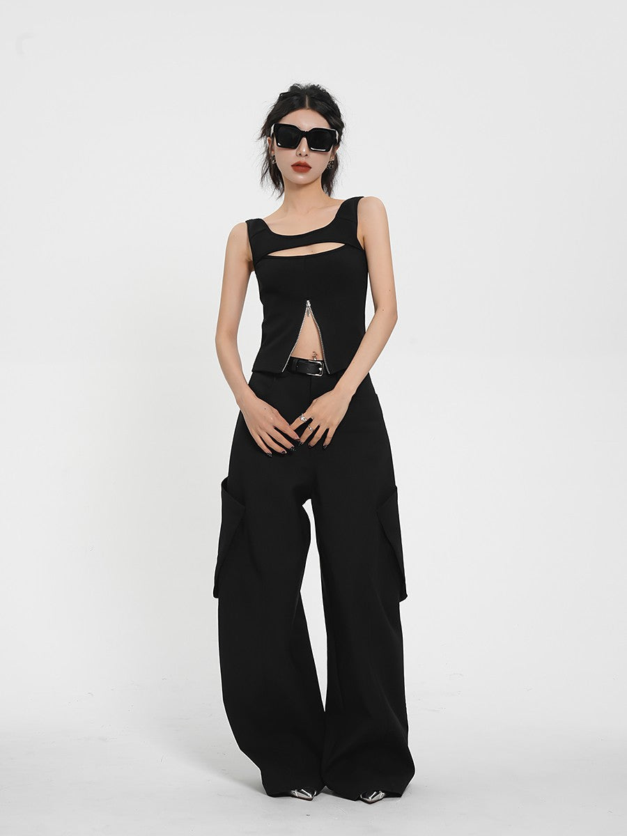Black Cut-Out Zipper Tank Top