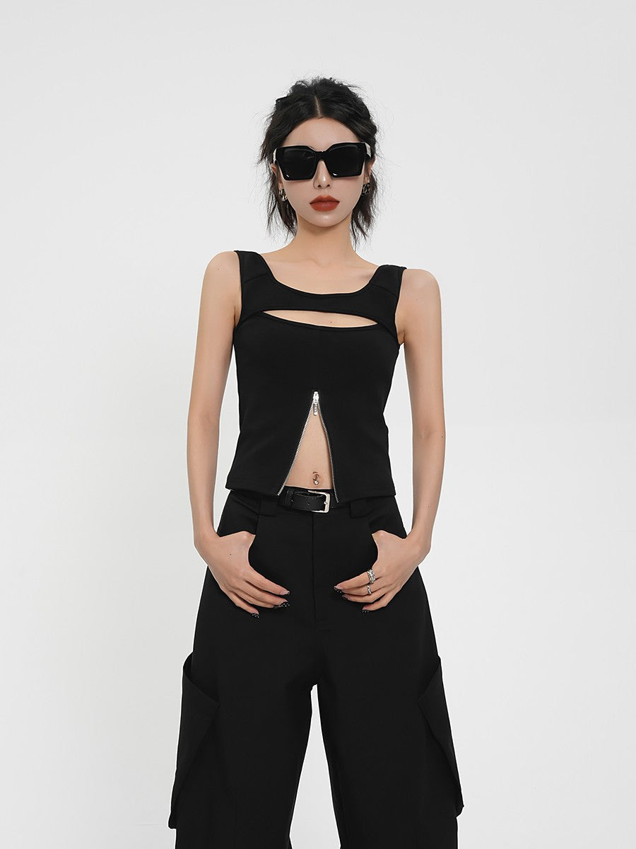 Black Cut-Out Zipper Tank Top