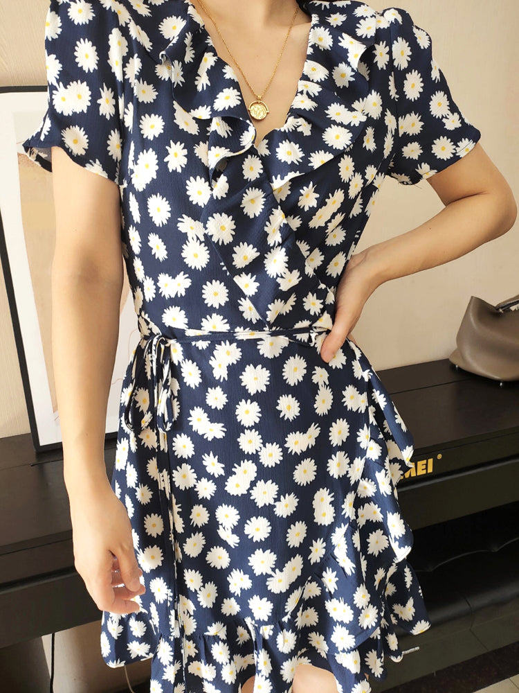 Black Daisy Wrap Dress