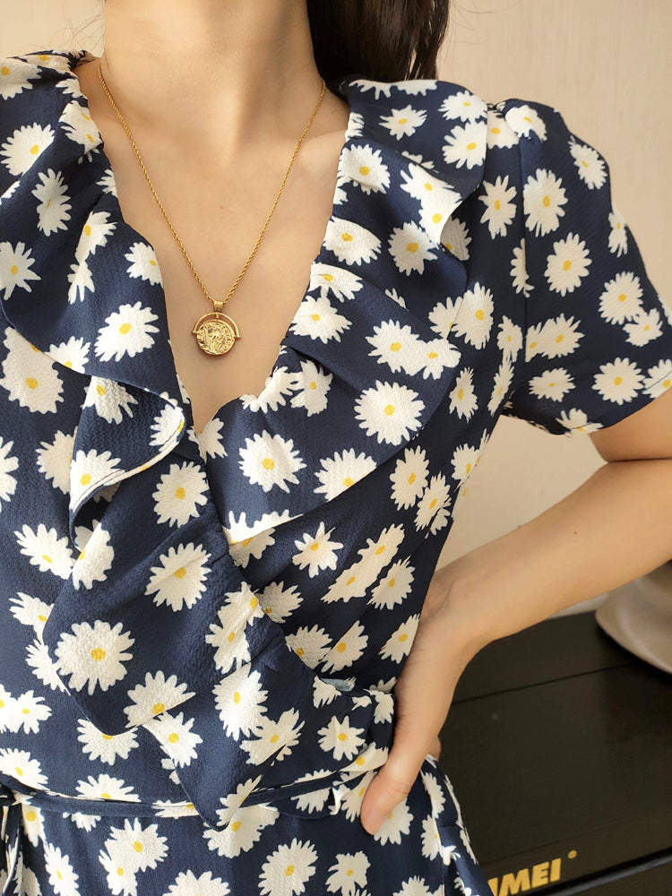 Black Daisy Wrap Dress