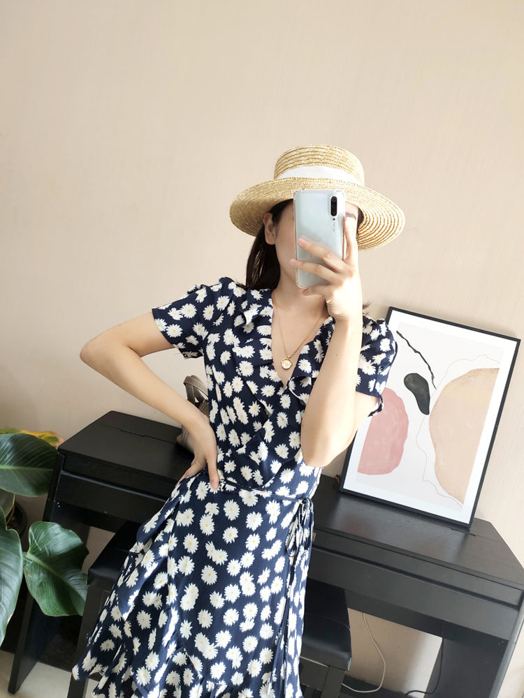 Black Daisy Wrap Dress