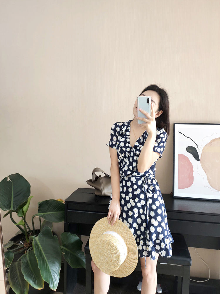 Black Daisy Wrap Dress