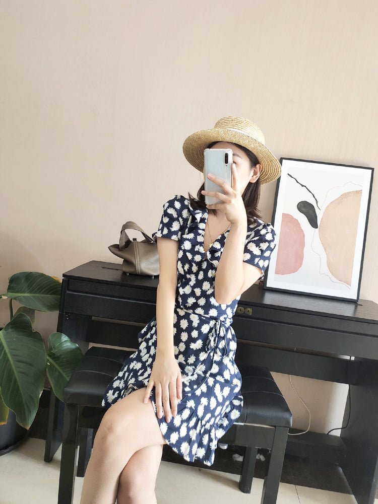 Black Daisy Wrap Dress