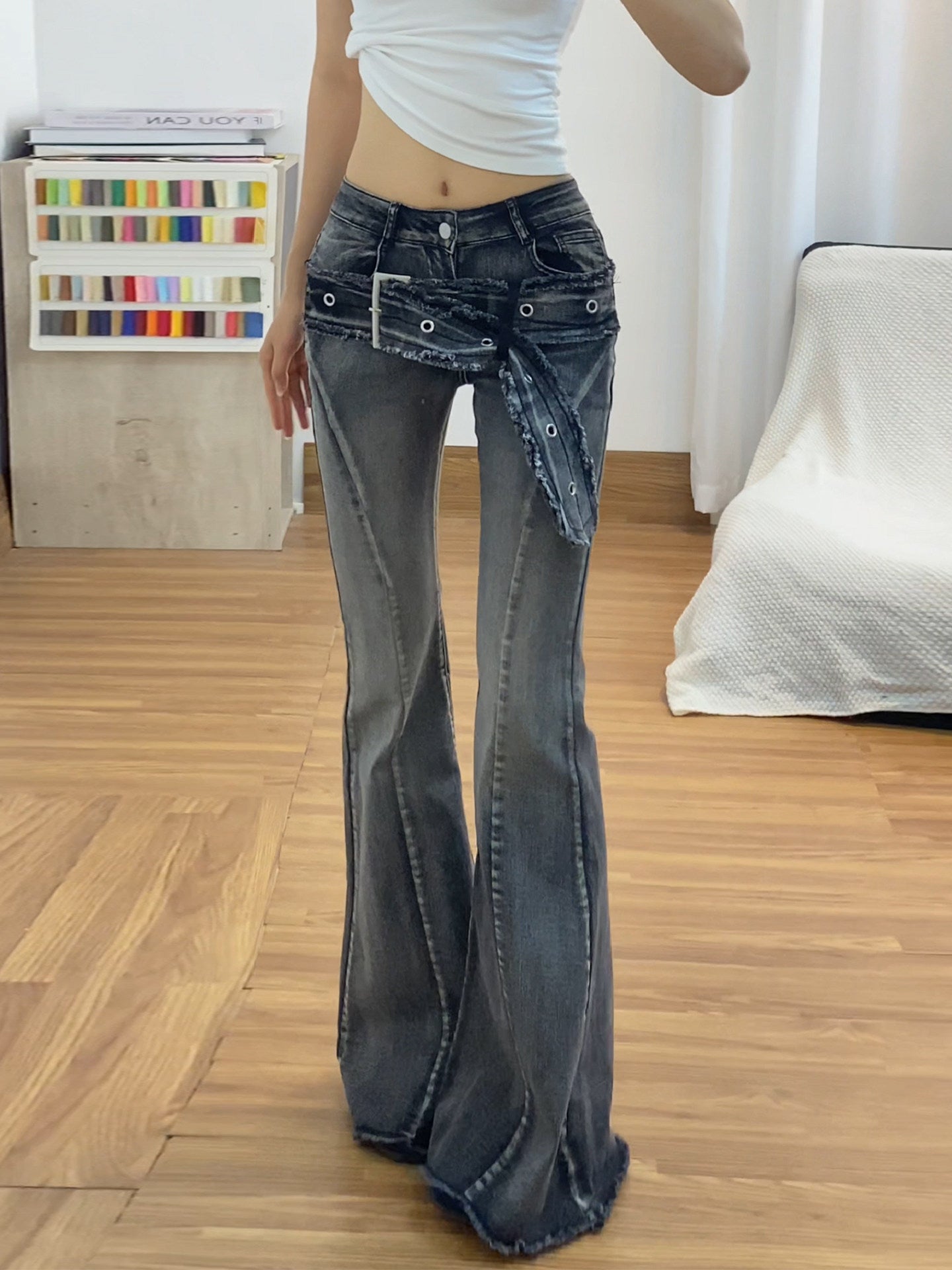 Navy Distressed Belt Detail Flare Jeans