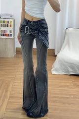 Navy Distressed Belt Detail Flare Jeans
