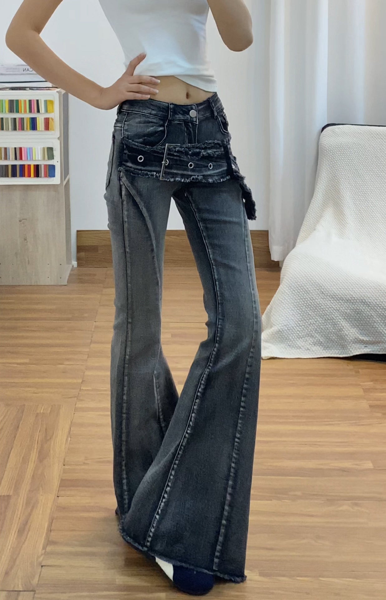Navy Distressed Belt Detail Flare Jeans