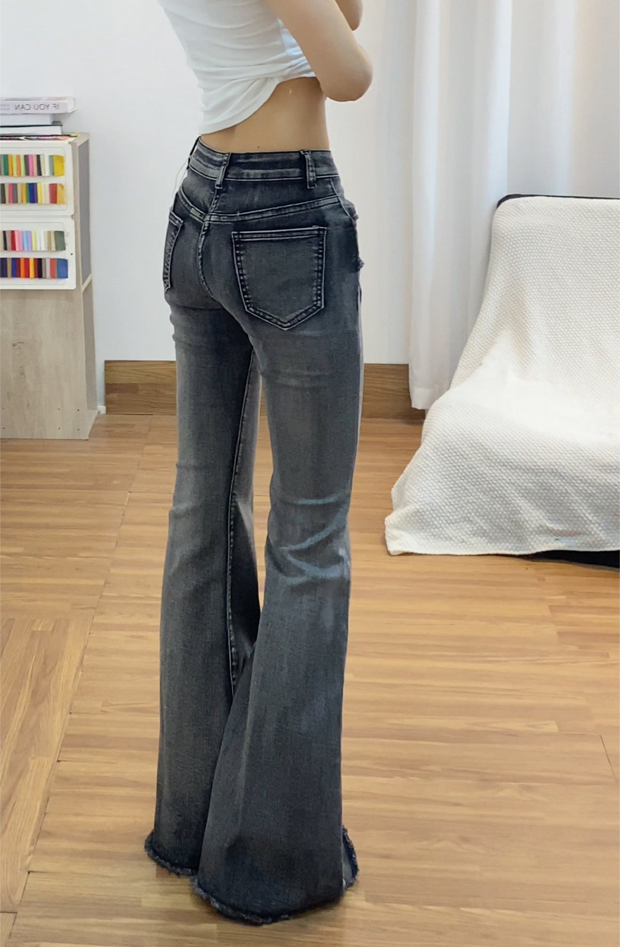 Navy Distressed Belt Detail Flare Jeans