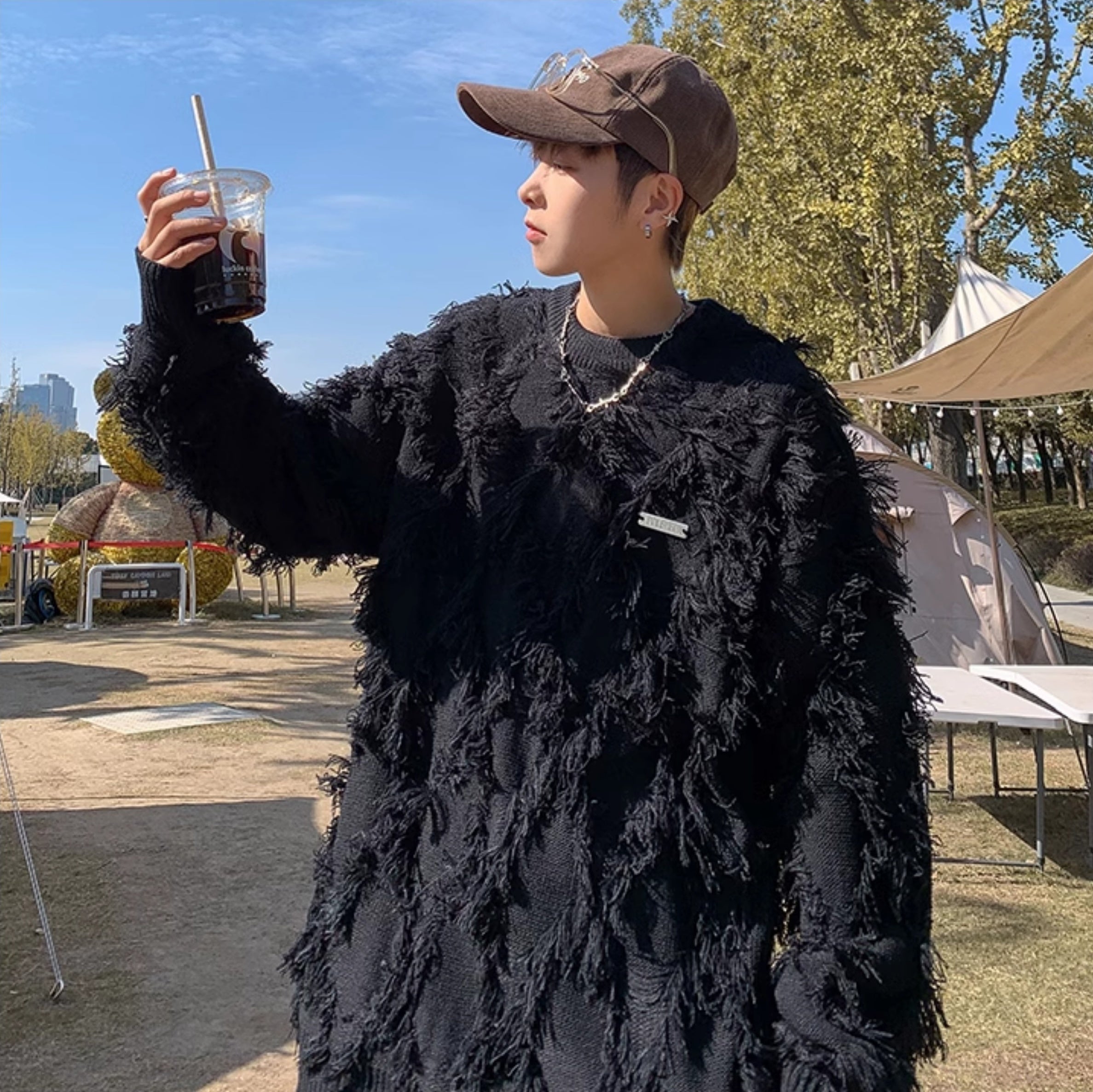 Black Distressed Tassle Knit Sweater