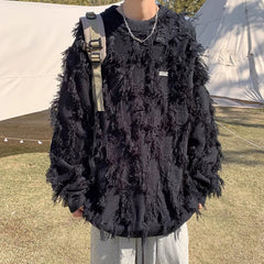 Black Distressed Tassle Knit Sweater