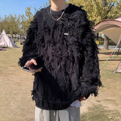 Black Distressed Tassle Knit Sweater