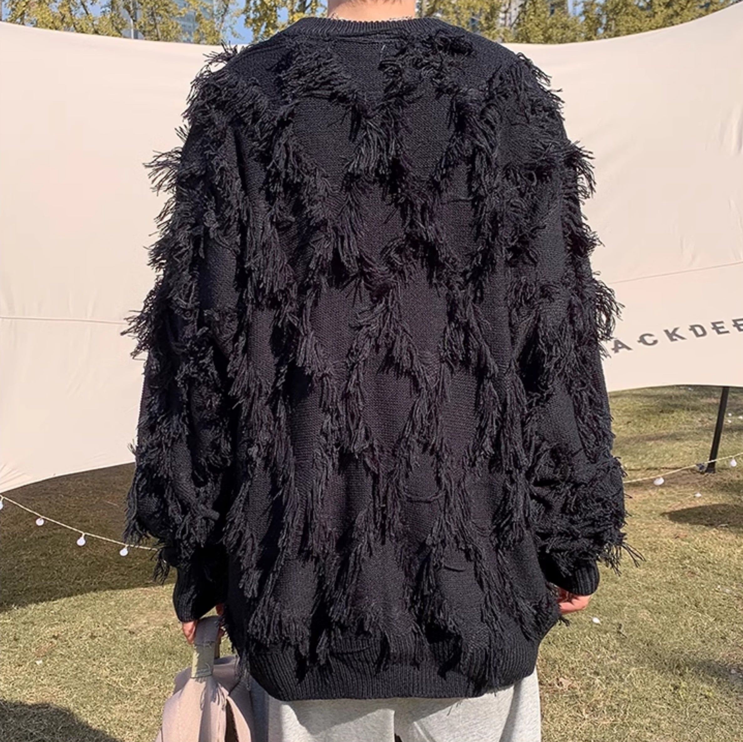 Black Distressed Tassle Knit Sweater