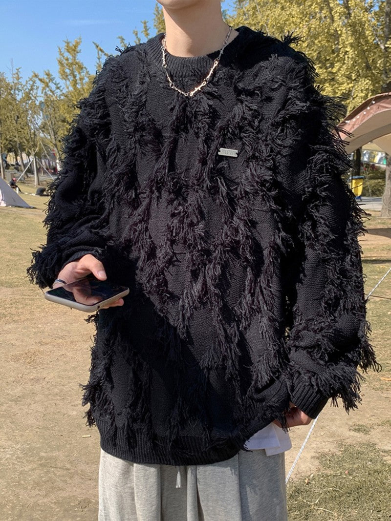 Black Distressed Tassle Knit Sweater