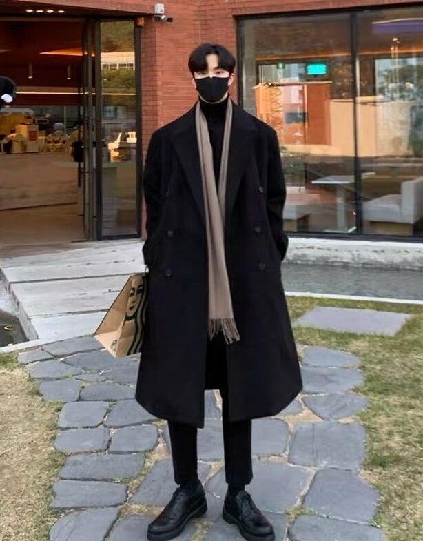 Black Double-Breasted  Woolen Long Coat