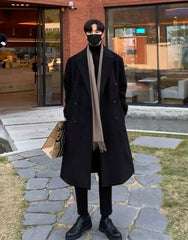 Black Double-Breasted  Woolen Long Coat